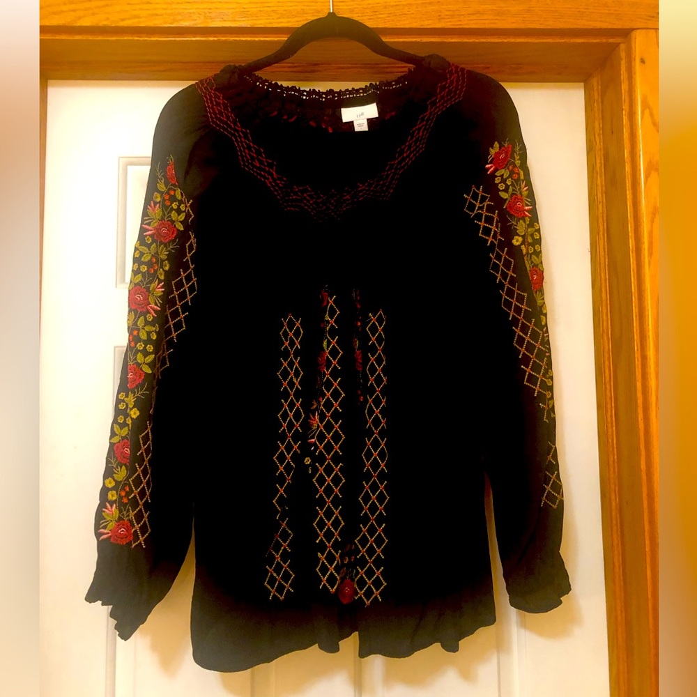 JJill top, black with gold and rusty reds embroidery, Large